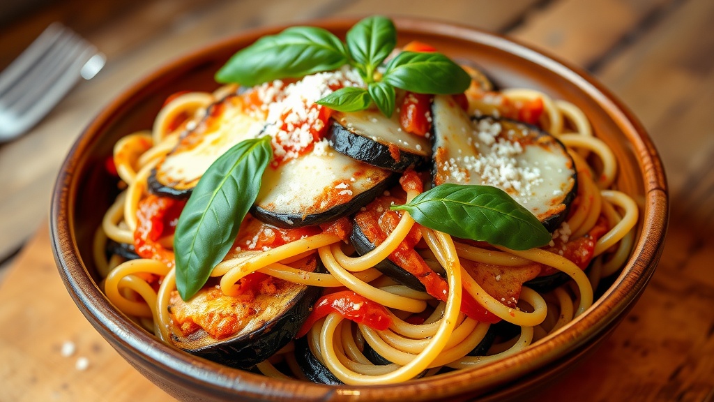 Delicious Eggplant Parmesan Pasta Recipe A comforting bowl of Eggplant Parmesan Pasta with roasted eggplant, pasta, and melted cheese, garnished with basil.